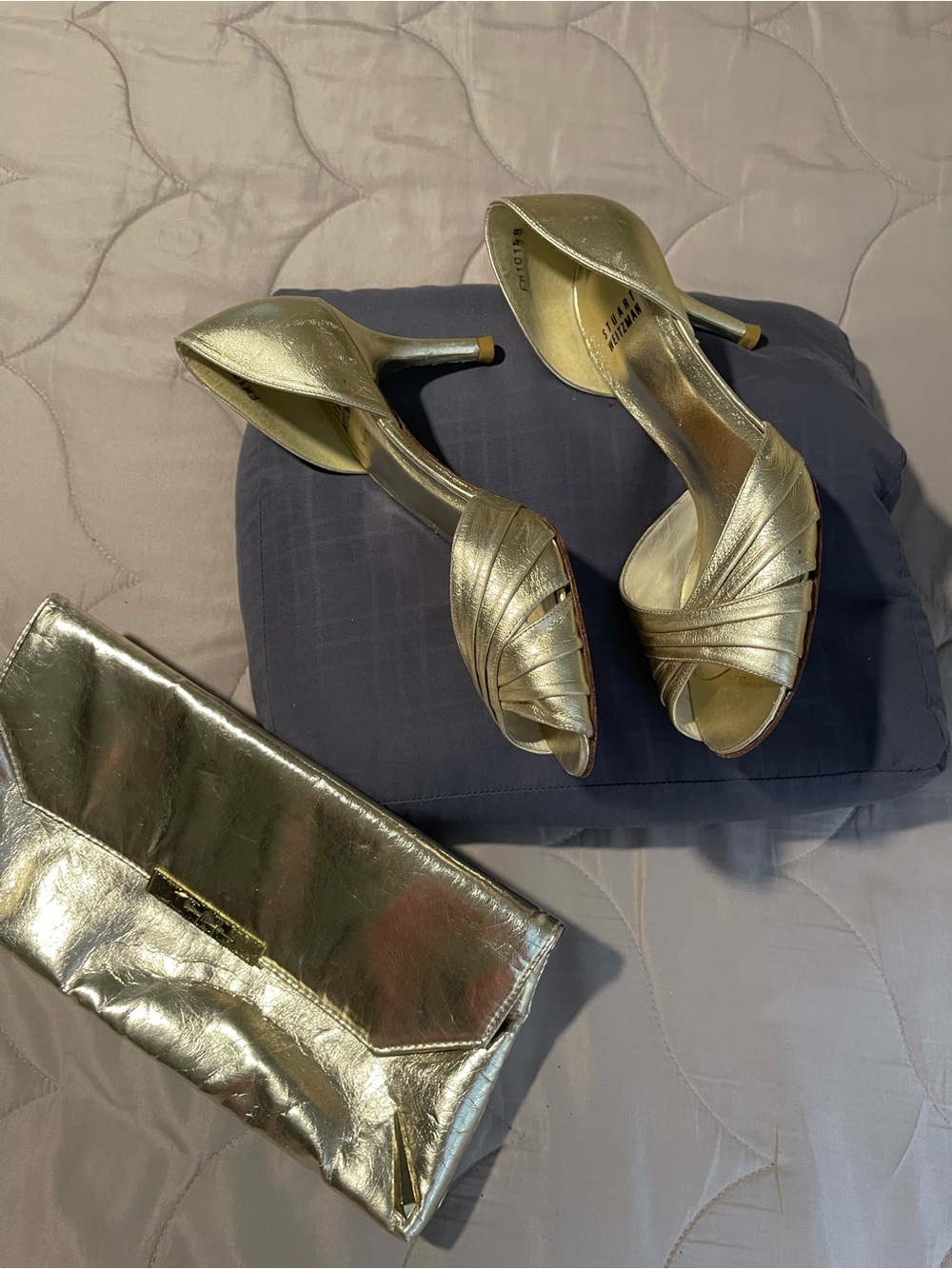 Stuart Weitzman Gold Metallic D'Orsay Peep-Toe Heels